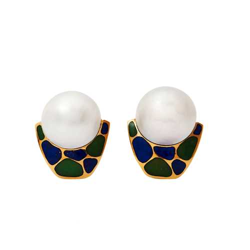 PEARL, NEPHRITE AND LAPIS LAZULI EARCLIPS, BY BINDER, ca. 1980.