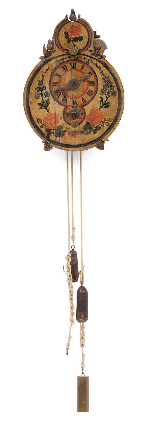 CLOCK WITH WOODEN COGWHEELS AND FRONT PENDULUM