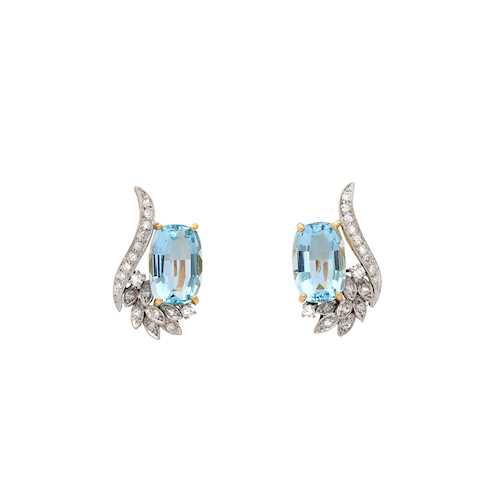 AQUAMARINE AND DIAMOND EARCLIPS, ca. 1970.