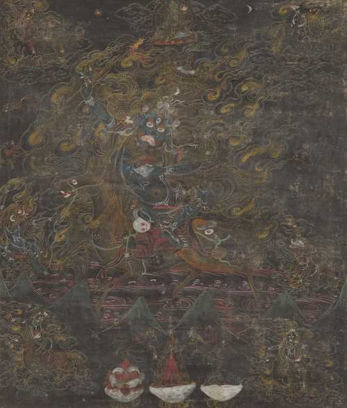 A BLACKGROUND THANGKA OF PALDEN LHAMO.