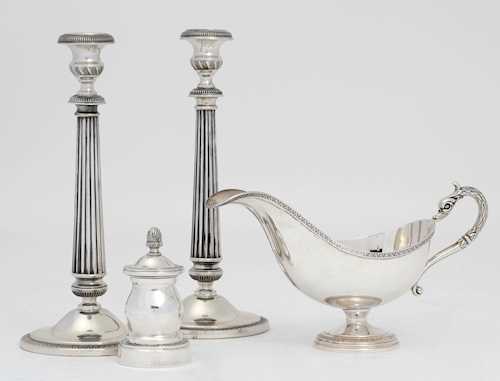 LOT: PAIR OF CANDLESTICKS, SAUCIÈRE, PEPPER MILL