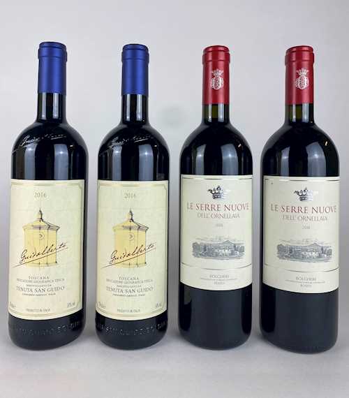 Lot of 4: 2 bts Toscana Tenuta San Guido "Guidalberto" 0.75 L 2016; 2 bts Bolgheri Tenuta dell'Ornellaia "Le Serre Nuove" 0.75 L 2018