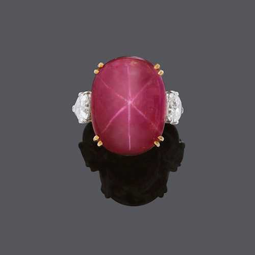 BURMA STAR RUBY AND DIAMOND RING.