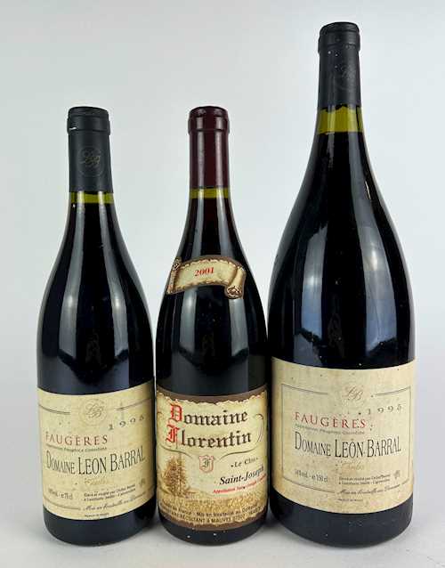 Lot of 3: 1 mag Faugères Léon Barral "Jadis" Rouge 1.5 L 1995; 1 bt Faugères Léon Barral "Jadis" Rouge 1995; 1 bt Saint-Joseph D. Florentin "Le Clos" Rouge 0.75 L 2001