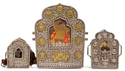 THREE COPPER AND SILVER AMULET BOXES (G'AU).