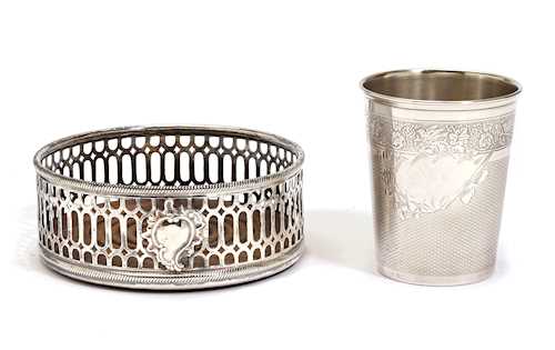 LOT OF A SILVER-PLATED BOTTLE COASTER AND A SMALL BEAKER