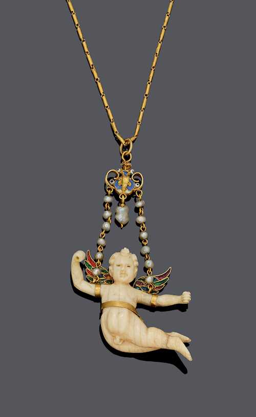 ENAMEL, IVORY AND PEARL PENDANT WITH CHAIN, ca. 1880.