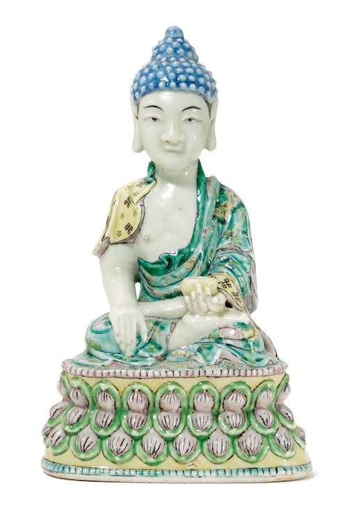 A FIGURE OF A SEATED FAMILLE VERTE BUDDHA.