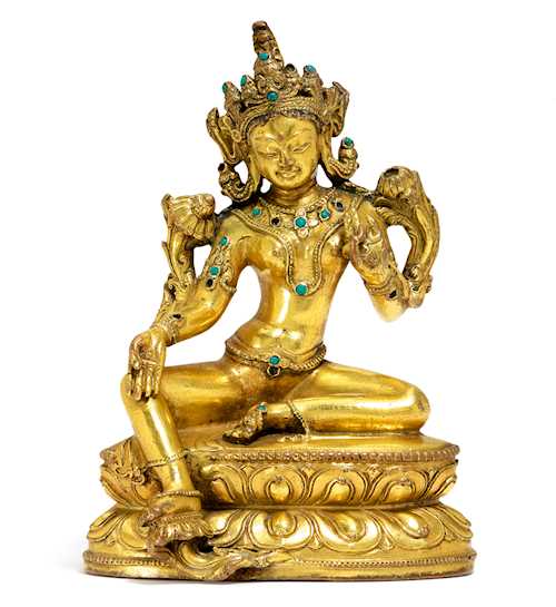 A GILT COPPER ALLOY FIGURE OF THE GREEN TARA.