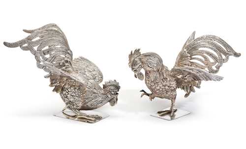 SCULPTED SILVER "PAIR OF FIGHTING ROOSTERS"