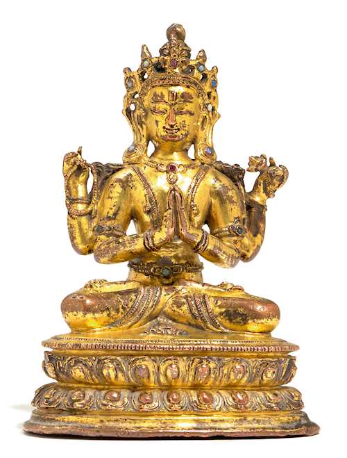 A GILT COPPER ALLOY FIGURE OF SHADAKSHARI LOKESHVARA.