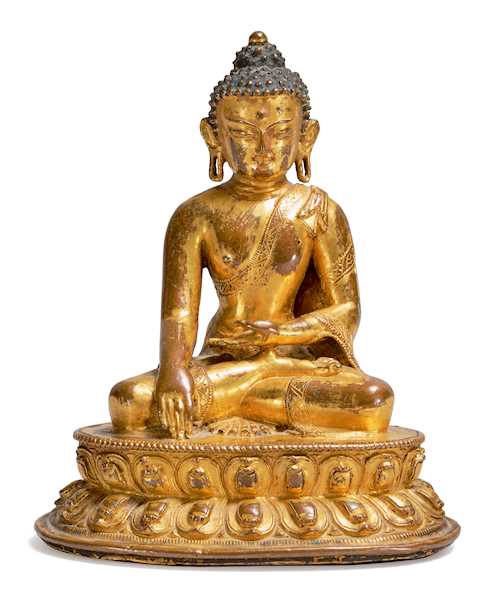 A GILT COPPER ALLOY FIGURE OF BUDDHA SHAKYAMUNI.