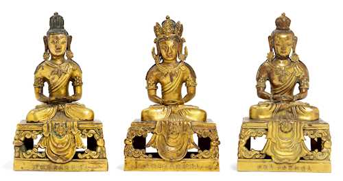 THREE GILT BRONZE FIGURES OF AMITAYUS.