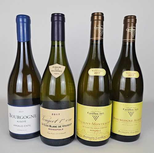 Lot von 4: 1 Fl. Bourgogne Aligoté Arnaud Ente 0.75 L 2017; 1 Fl. Vougeot Domaine de la Vougeraie "Le Clos Blanc" 1er Cru 0.75 L 2017; 1 Fl. Puligny-Montrachet François Carillon "Le Vieux Clos" 0.75 L 2017; 1 Fl. Bourgogne Aligoté François Carillon 0.75 L 2017