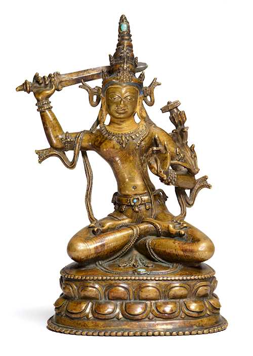 A FINE BRONZE FIGURE OF MANJUSHRI.