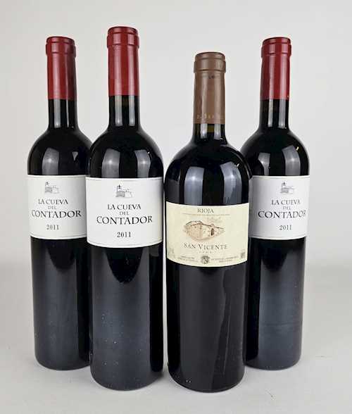 Lot von 4: 3 Fl. Rioja Contador "La Cueva del Contador" 0.75 L 2011; 1 Fl. Rioja San Vicente 0.75 L 2009