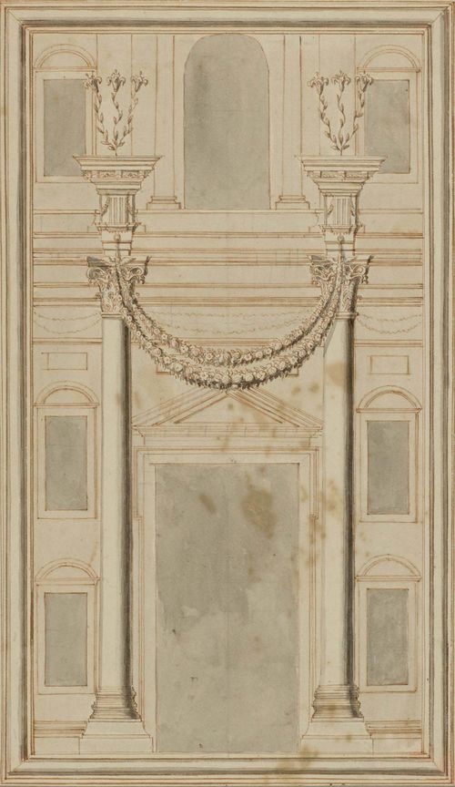 FÜSSLI, JOHANN MELCHIOR (1677 Zurich 1736) The columns Jachin and Boast at the porch. Brown pen with grey wash. 24.5 x 14.2 cm