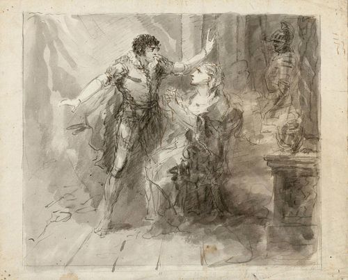 FUCHS, FELIX CHRISTOPH CAJETAN (Rapperswil 1749 - 1814 St. Gallen) Hamlet, Queen and Ghost. From: Shakespeare, Hamlet, Act 3, scene 4. Grey and brown pen, grey wash, black chalk. 36 x 43 cm. Framed. Literature: - Christina Steinhoff, Felix Christoph Cajetan Fuchs (1749-1814), Künstler und Politiker aus Rapperswil, Schriftenreihe des Heimatmuseums Rapperswil No. 9, 1988, Catalogue raisonné No.97 Exhibited: - Felix Christoph Cajetan Fuchs, Rapperswil, Haus zum Pfauen, 18.03. - 09.04.1988 Provenance: - The artist's estate - Private collection Rapperswil