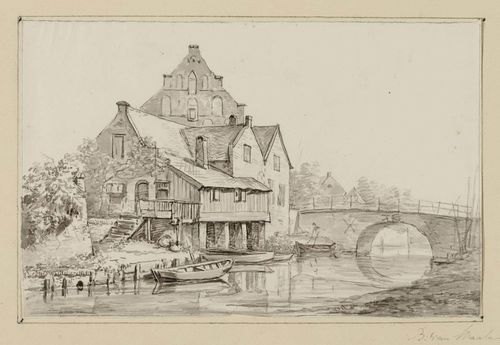 DUTCH SCHOOL, 19TH CENTURY Old house by a river. Black chalk with grey wash. Old mount. Signed on mount in pencil (unidentified). 19.5 x 30.5 cm.