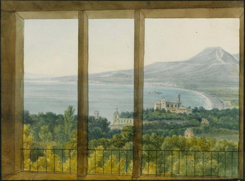 GERMAN SCHOOL, 1ST QUARTER OF THE 19TH CENTURY View from a loggia towards the coast of Taormina and Vesuvius. Brown pen and watercolour. 15.5 x 20 cm. Framed.