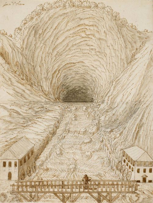 GERMAN SCHOOL, 18TH CENTURY The caves of Oliero. Brown pen, black chalk, brown wash. Old inscription on left of upper margin in brown pen: Fonte d' Oliero. 29 x 22 cm.