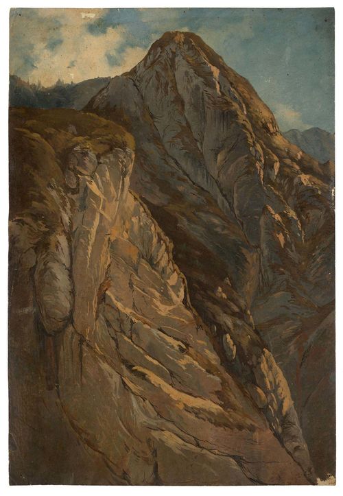 Attributed to STEFFAN, JOHANN GOTTFRIED (Wädenswil 1815 - 1905 Munich) Rock formations. Oil on laid paper. 39.5 x 28.7 cm.