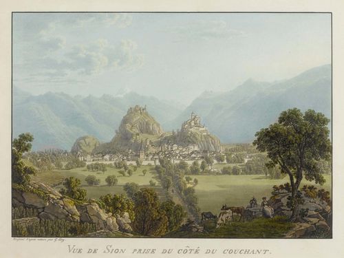 LORY, MATHIAS GABRIEL (LORY FILS) (1784 Bern 1846). Two views: 1. Vue du Sion prise du Côté du Levant. 2. Vue du Sion prise du Côté du Couchant. Coloured aquatint etchings. Each 19.8 x 28.4 cm. Gold frames.