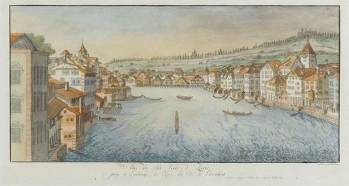 ZURICH.-Johannes Hofmeister (1721 Zürich 1806). Vue de la Ville de Zuric. prise à L'auberge de L'Epée du Coté de L'occident. Dessiné d'après Nature par Sigmd: Hofmeister, Gravé par Halder. Coloured etching from re-worked plate. 18 x 37 cm. Sheet size. 34.5 x 48.5 cm. Framed