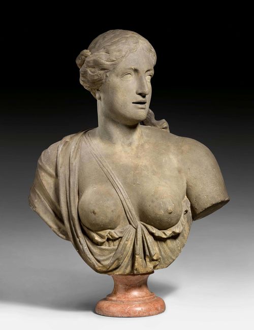 STONE BUST OF DIANA, Baroque,  circle of G. FORTINI (Gioacchino Fortini, 1670-1736), Florence,  early 18th century. "Pietra Serena". Diana with her hair in a bun, wearing a richly draped garment. On "Rosso di Verona" round base. H 60 cm. 55x43x50x104 cm. Provenance: - from an Italian collection.