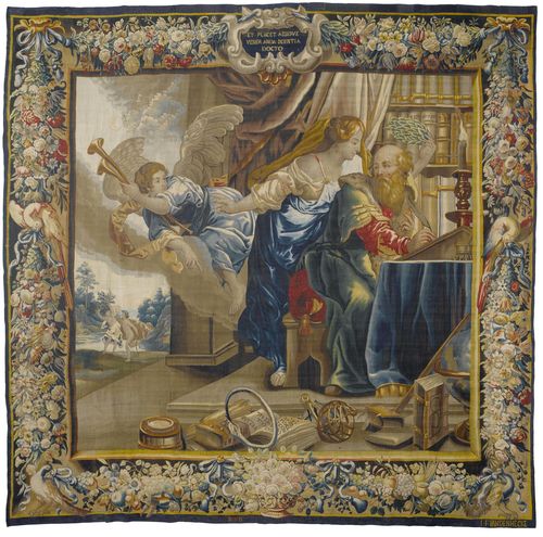 TAPESTRY "ALLEGORIE DES SCIENCES", Baroque, from the series "LES INCLINATIONS HUMAINES" signed I.F. VAN DEN HECKE (Jan Frank Van den Hecke, died 1633/34) and monogrammed BB for Brussels-Brabant and inscribed ET PLACET ASSIDUE VENERANDA SCIENTIA DOCTO, after drawings by L. LEFEBURE (Lanceloot Lefébure, ca. 1585-1650), Brussels, 1681. Allegory of Science, depicting a scholar in his "studiolo", surrounded by books,  a desk, a globe and a female figure as the allegory of Science. The background with Apollo and Daphne. Fine border with fruit, flowers, birds and bows. H 379 cm. W 373 cm. Provenance: - from a Swiss private collection. With extensive expertise by Prof. G. Delmarcel, Boechout 2015.