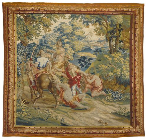 TAPESTRY "AUX SCENES MILITAIRES", Regence, from the series "Histoire d'Alexandre le Grand", probably from the manufactory P. VAN VERREN, after designs by P. IJKENS (Pieter Ijkens, 1648-1695) for the figures and P. SPIERINCKX (Pieter Spierinckx, 1635-1711) for the landscapes, Audenarde ca. 1700. Depiction of horsemen dragging King Poros and a further prisoner behind them. Fine, stylized leaf border. Shortened in height by sewing. H 276 cm (actually 340 cm). W 268 cm. Provenance: - from a private collection, Suisse romande. With extensive opinion by Prof. G. Delmarcel, Boechout 2015.