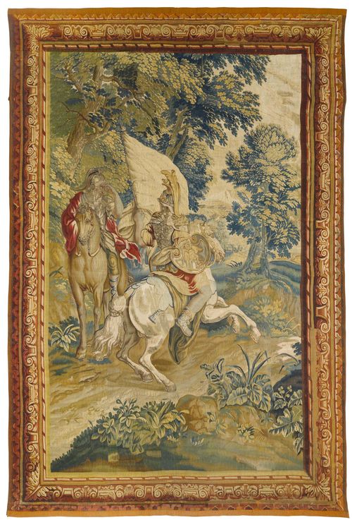 TAPESTRY "AUX SCENES MILITAIRES", Regence, from the series "Histoire d'Alexandre le Grand", probably from the manufactory P. VAN VERREN, after designs by P. IJKENS (Pieter Ijkens, 1648-1695) for the figures and P. SPIERINCKX (Pieter Spierinckx, 1635-1711) for the landscapes, Audenarde ca. 1700. Depiction of 2 horsemen in a forest glen. Fine, stylised leaf and volute border. Shortened in height by sewing. H 286 cm (actually 342 cm). W 200 cm. Provenance: - from a private collection, Suisse romande. With extensive opinion by Prof. G. Delmarcel, Boechout 2015.