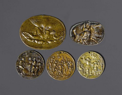 LOT OF 5 BRONZE PLAQUES,Renaissance and later, Italy/Netherlands/Germany. "Judgment of Paris" and "Ariadne of Naxos", both inscribed IO.F.F (monogrammist, 1480-1515), Northern Italy. "Rape of Ganymede" after G. BERNARDI (Giovanni Bernardi, 1494-1553), inscribed "Iovanes D", Italy. "The Binding of Isaac", inscribed "Abra sacrifi Isac", verso depiction with ruler, 3 people and 2 children, inscribed "Ex timore dei omnia aequo iudicio iudicantur", after H. REINHART (Hans Reinhart, 1510-1581), Germany. "Zagreus and Zeus", Italo-Dutch. Various shapes and sizes.