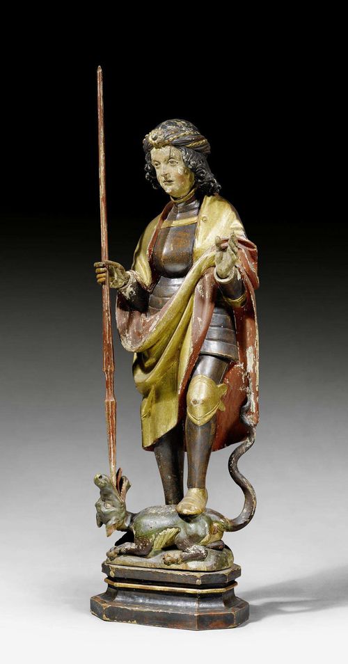 SAINT GEORGE,late Gothic, South Tyrol circa1520. Carved pine, verso hollowed and painted.  The paint chipped. Later hands, the nose probably re-worked. H without base 93 cm.