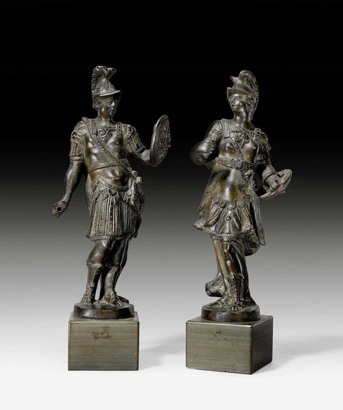 PAIR OF BRONZE FIGURES,Renaissance, in the style of G. CAMPAGNA (Girolamo Capagna, 1549-1625), Venice, 17th century. 2 standing figures, probably Athena and Ares. Mounted on stone cubes. Lance and sword missing. H with base 31 cm. Provenance: former Raoul Heilbronner (1847-1941) collection, Paris.