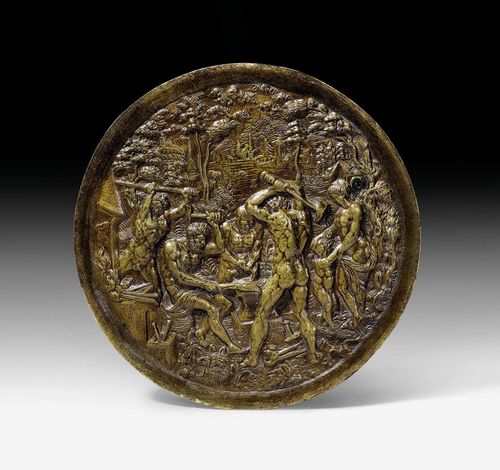 BRONZE PLAQUE,Renaissance, after the monogrammist AC (first mentioned in 1577), probably Germany, 16th century. Seated Vulcan forging Cupid's wings, surrounded by workers, Venus and Cupid on the right. D 16 cm.