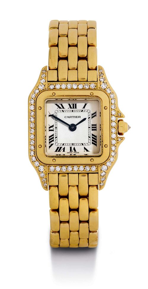 CARTIER PANTHÈRE DIAMOND LADY'S WRISTWATCH, 1985 Yellow gold 750. Square case No. 8669191217 set throughout with 61 diamonds, gold crown set with a diamond, screw-down back with engraved dedication. Silver-plated dial with black Roman numerals and blued hands, quartz movement. Gold link band with invisible double fold-over clasp. D 30 x 22 mm. With Cartier warranty certificate.