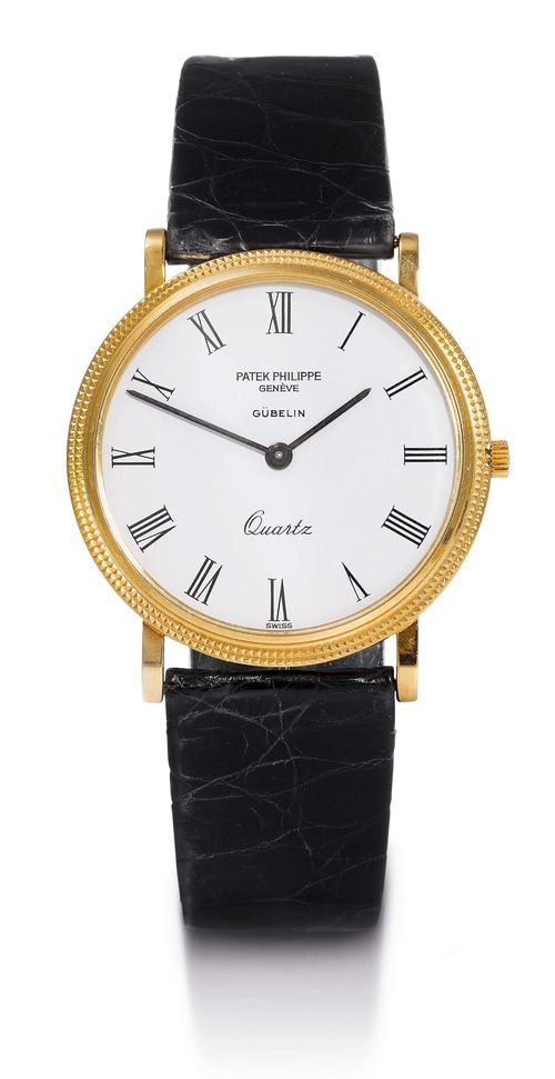 PATEK PHILIPPE CALATRAVA GENTLEMAN'S WRISTWATCH, 1980. Yellow gold 750. Classic, round case Ref. 3744 with engine-turned "Clous-de-Paris" lunette, pressed-on back, white dial with black Roman numerals and black hands, signed: Patek Philippe Genève Gübelin Quartz. Quartz movement Cal. E 26 with 6 rubies. Black Patek Philippe crocodile band with original gold clasp. D 33 mm. With original case and certificate.