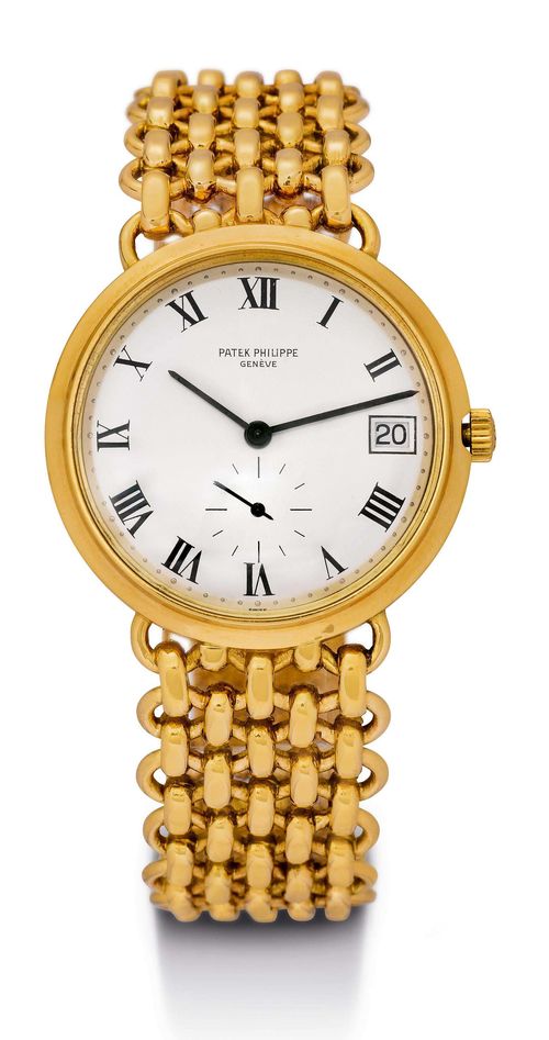 PATEK PHILIPPE CALATRAVA GOLD WRISTWATCH, ca. 1978. Yellow gold 750. Ref. 3445-100, classic, round case No. 333240, sapphire glass, screw-down back, silver-plated dial with black Roman numerals, small second at 6h, date at 9h, black hands. Automatic, Cal. 27-460 M, movement No. 1232714. Hand-made gold link bracelet with ladder clasp. (L ca. 19 cm in total). D 35 mm. With excerpt from the Patek Philippe Archives.