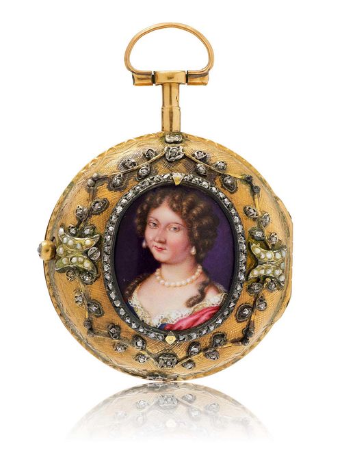 COULIN GENÈVE, VERGE POCKET WATCH WITH OUTER CASE, ca. 1790. Yellow gold. Decorative outer case, engraved and decorated with applied gold and small diamonds, the centre with an oval enamelled medallion framed with small diamonds. Smooth inner case with winder on the back. White enamelled dial (slightly damaged) with black Roman numerals and gold Louis XV hands, signed: Jaqs. Coulin & Amy Bry. Gilt verge movement No. 5311, signed: Js Coulin & Amy Bry a Geneve. With fusee and chain. D 47 mm.