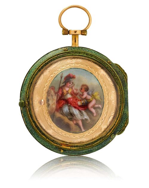 MELLY FRERES, POCKET WATCH WITH OUTER CASE, ca. 1750. Pink gold. Finely engraved case, the back with oval miniature (slightly damaged) depicting a mythological scene. White enamelled dial with black Roman numerals and gold Louis XV hands, key winder at 2h. Verge movement signed: Melly Freres. Gold outer case with fine, green leather lining. D 36 mm.