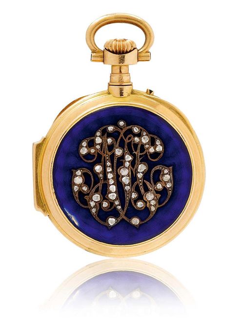 DECORATIVE LADY'S PENDANT WATCH, ca. 1870. Yellow gold. Round, polished case No. 5962, the back engine-turned, enamelled translucent blue, and decorated with diamonds (small damage on the edge). The inside cover engraved: Henriette Neumann, 2. Fevrier 1873. White enamelled dial with black Roman numerals and gold Louis XV hands. Cylinder movement with crown winder. D 30 mm.