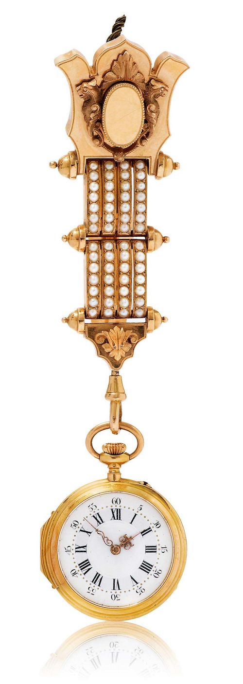 LEQUIN, POCKET WATCH WITH CHATELAINE, SET WITH PEARLS, ca. 1850. Pink gold 750. Very decorative, round case No. 33733, signed Lequin Genève. The back engraved and set with half-pearls. White enamelled dial with black Roman numerals on a pastel-violet background, gold Louis XV hands. Fine cylinder movement in new silver, crown winder. Matching gold chatelaine with movable elements, likewise set throughout with half-pearls. D 31 mm.