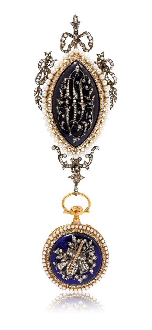 ALBERT CHAISE PARIS, BROOCH WATCH, ca. 1790. Pink gold. Exquisitely decorated gold case, the back cover of blue glass decorated with diamonds, the lunette set with half-pearls and diamonds, the glass edge set with half-pearls (one missing). White, enamelled dial with hours in black Roman numerals, minutes in red, gold hands with diamonds, signed: Albert Chaise Paris. Gilt cylinder movement with crown winder. Matching navette-shaped brooch / pendant, likewise decorated with diamonds, pearls, and navette-shaped blue glass, the back with a photo medallion. L (in total) 11.5 cm, D (of the watch): 29 mm.