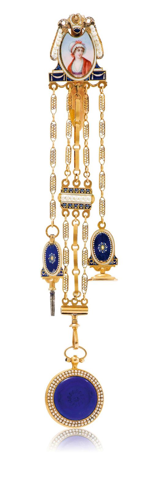 DUCHENE & FILS, PENDANT WATCH WITH CHATELAINE, ca. 1780. Pink gold Elegant case No. 77131, the lunette decorated with seed pearls in 2 rows, the back engine-turned and blue enamelled. White enamelled dial with black, Arabic numerals and blue Breguet hands. Key winder at 2h. Verge movement No. 77131 signed: Ls Duchene & Fils. Gold and enamel chatelaine decorated with pearls, and with signet and key. L (in total): 19 cm, D (of the watch): 28 mm.