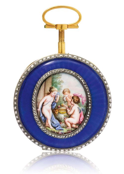 BERTHOUD GOLD AND ENAMEL POCKET WATCH WITH REPEATER, ca. 1780. Yellow gold 750. Solid case, blue-enamelled on an engine-turned ground, the lunette set with diamonds.  In the centre, an oval medallion depicting 3 angels, framed with diamonds. White enamelled dial with black, Arabic numerals and blue-Breguet hands (damaged), key winder at 2h. Verge escapement with 1/4 repeater operated by pendant, signed: Berthoud a Paris. D 55 mm.