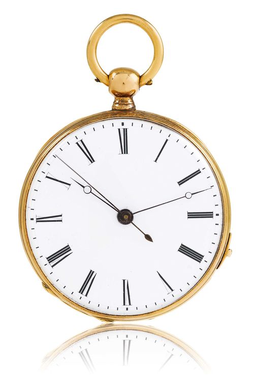 RARE POCKET WATCH WITH INDEPENDENT JUMPING SECOND, ca. 1850 Yellow gold 750. Polished Lepine case with engine-turned back, gold slider for stopping the second hand at 4h. Case No. 13643, Series No. 2821. Finely worked, white enamelled dial with Roman numerals, fine, blue-Breguet hands, blued second hand. High-grade lever movement with 2 gear trains, one for the watch and one for the jumping second, both gear trains entirely mounted in jewel bearings, compensation balance with Breguet spring. Winding mechanism and time setting by key. D 47.5 mm. With certificate by Harald Schade.