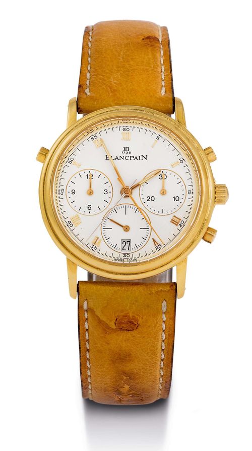 BLANCPAIN CHRONOGRAPH WATCH WITH SWEEP HAND, 1990s. Yellow gold 750. Fine, classic-elegant case No. 287, stepped lunette with sapphire glass, crown with crown protection, chronograph pushers at 2h and 4h, rattrapante pusher at 10h. White dial with applied, Roman numerals, gold luminous hands, central chronograph second, small second at 6h, minute counter at 3h, hour counter at 9h, date at 6h. Cal. 1186, rhodium-plated automatic movement with Geneva stripes, 38 rubies. Light brown ostrich band with original gold clasp. D 34 mm.