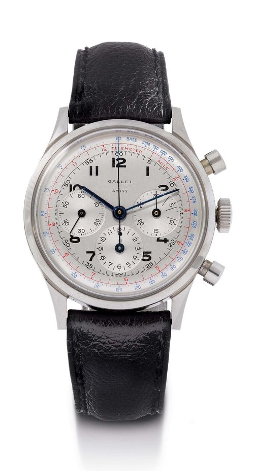 GALLET GENTLEMAN'S WRISTWATCH CHRONOGRAPH WITH 30 MINUTE AND 12 HOUR COUNTER, 1960s Stainless steel Almost unworn, polished case No. 951075, screw-down back. Silver-coloured dial with black, Arabic numerals, red telemeter scale, and blue tachometer scale, signed: Gallet Swiss. Blued steel hands, minute counter at 3h, hour counter at 6h, small second at 9h. Excelsior Park hand winding movement Cal. 40-68 with Geneva stripes. Black leather band with clasp. D 37 mm