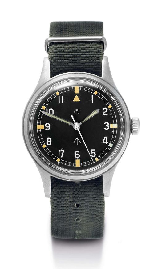 HAMILTON MILITARY GENTLEMAN'S WRISTWATCH, 1950s. Stainless steel. Round, polished stainless steel case with screw-down back Nos. 6B-9614045, H-67, 3334 and English national emblem, Plexiglas. Matte black dial with luminous dots and white Arabic numerals, luminous hands and central second. Hand winding movement Cal. 78. Grey nylon (Nato) strap with clasp. D 36 mm.